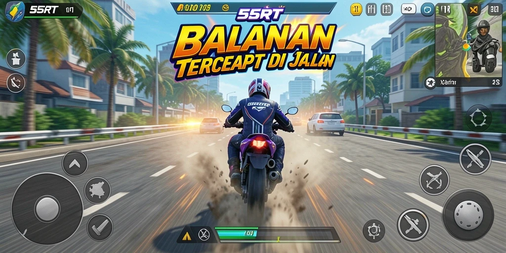 Tampilan gameplay 55RT yang mendebarkan dengan balapan motor.