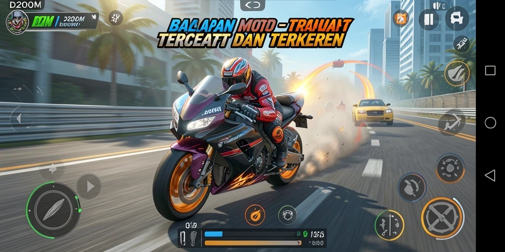 Gameplay menegangkan D200M dengan balapan motor yang cepat.