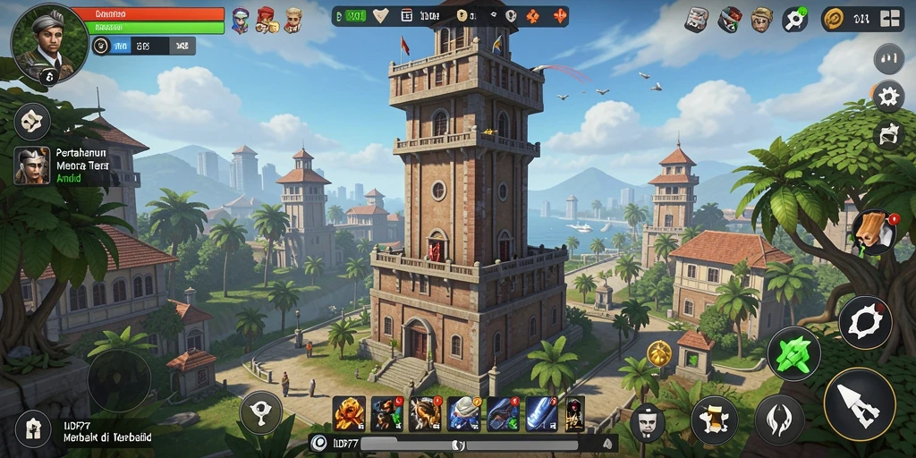 Screenshot penangkapan gameplay menara pertahanan dengan berbagai menara dan musuh.