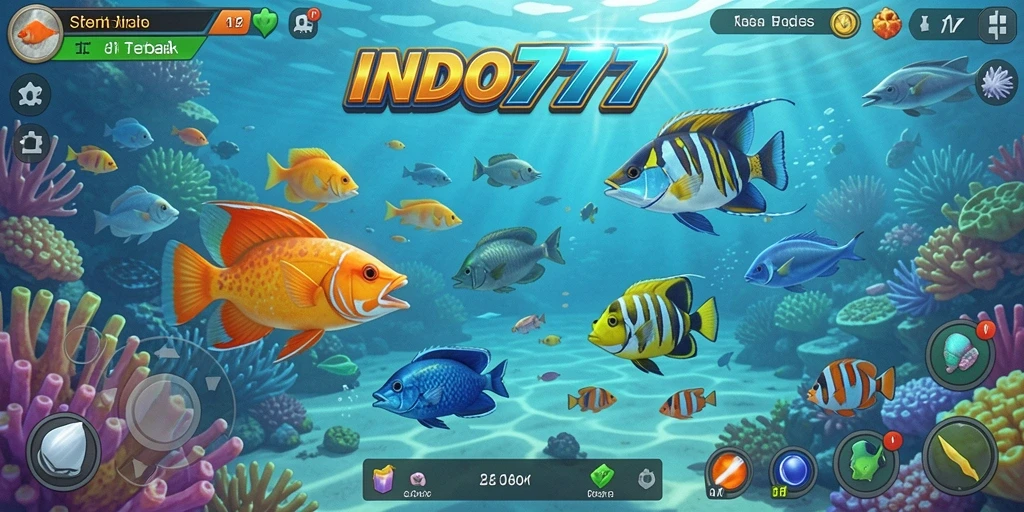 Screenshot utama INDO777 menampilkan aksi seru menangkap ikan di laut.