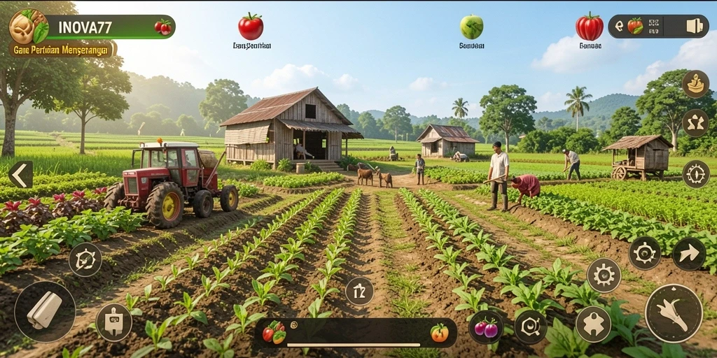 Screenshot utama INOVA77 menampilkan gameplay bertani yang mendebarkan.