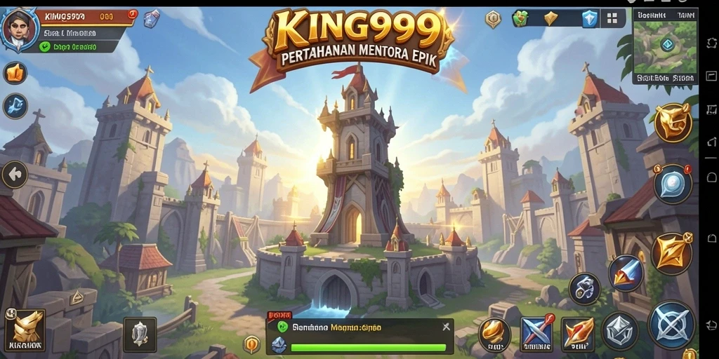 Tangkapan layar utama KING999 menampilkan aksi pertahanan menara yang intens.