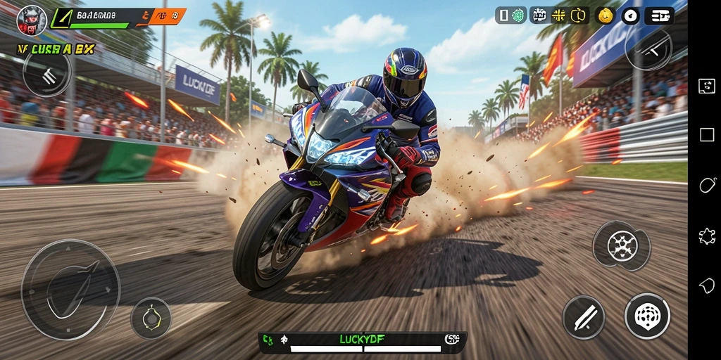 Tampilan gameplay LUCKYDF yang mendebarkan dalam balapan motor.