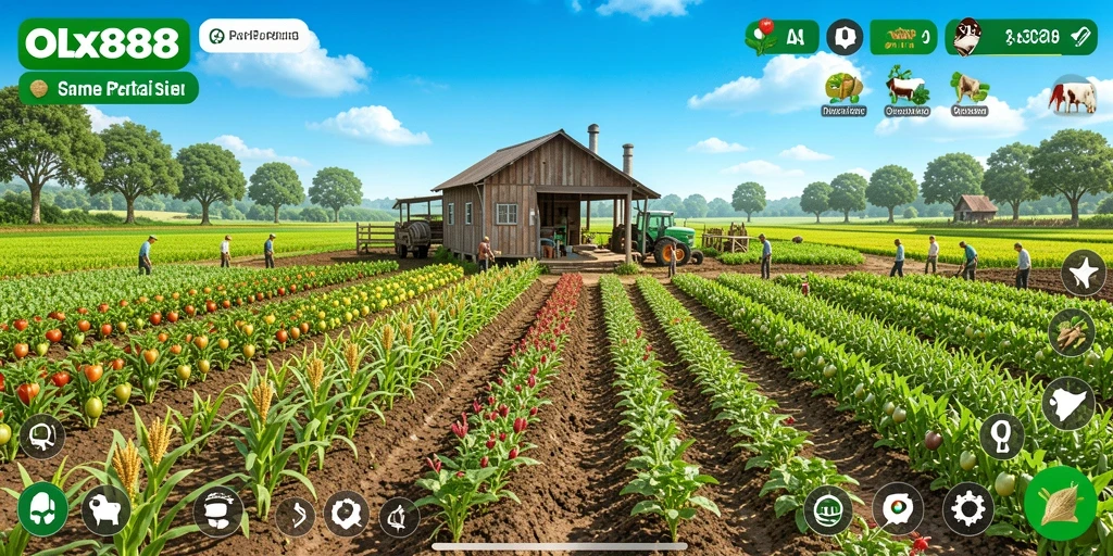 Tampilan gameplay dalam OLX888 yang menampilkan kebun yang indah.